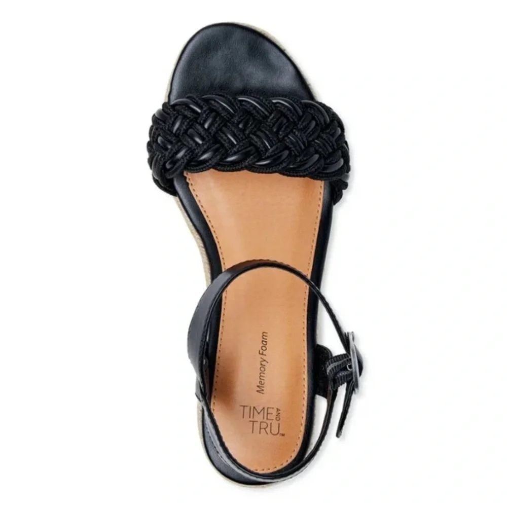 TIME AND TRU WOMENS BLACK BRAIDED ANKLE STRAP ESPADRILLE PLATFORM WEDGES **NWT**